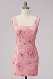 Roze Bodycon vierkante hals bloemen korte homecomingjurk met applicaties
