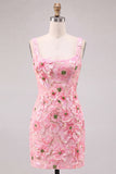 Roze Bodycon vierkante hals bloemen korte homecomingjurk met applicaties
