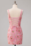 Roze Bodycon vierkante hals bloemen korte homecomingjurk met applicaties