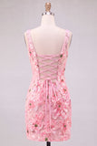 Roze Bodycon vierkante hals bloemen korte homecomingjurk met applicaties