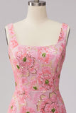 Roze Bodycon vierkante hals bloemen korte homecomingjurk met applicaties