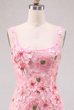 Roze Bodycon vierkante hals bloemen korte homecomingjurk met applicaties