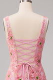Roze Bodycon vierkante hals bloemen korte homecomingjurk met applicaties