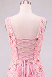 Roze Bodycon vierkante hals bloemen korte homecomingjurk met applicaties