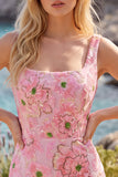 Roze Bodycon vierkante hals bloemen korte homecomingjurk met applicaties