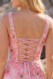 Roze Bodycon vierkante hals bloemen korte homecomingjurk met applicaties