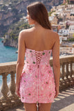 Roze Bodycon strapless bloemen korte homecomingjurk