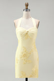 Narcissen Strakke Halter Rimpelde Korte Homecoming Jurk met bloemenborduursel