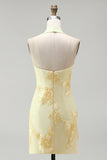 Narcissen Strakke Halter Rimpelde Korte Homecoming Jurk met bloemenborduursel
