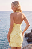 Narcissen Strakke Halter Rimpelde Korte Homecoming Jurk met bloemenborduursel