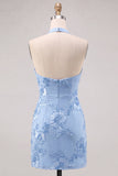 Narcissen Strakke Halter Rimpelde Korte Homecoming Jurk met bloemenborduursel