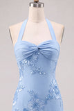 Narcissen Strakke Halter Rimpelde Korte Homecoming Jurk met bloemenborduursel