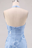 Narcissen Strakke Halter Rimpelde Korte Homecoming Jurk met bloemenborduursel