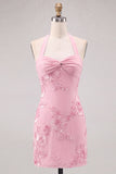 Narcissen Strakke Halter Rimpelde Korte Homecoming Jurk met bloemenborduursel