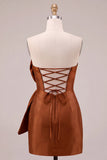 Koninklijk blauwe bodycon strapless korte homecomingjurk met oversized strik aan de voorkant