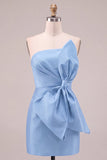 Koninklijk blauwe bodycon strapless korte homecomingjurk met oversized strik aan de voorkant