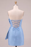 Koninklijk blauwe bodycon strapless korte homecomingjurk met oversized strik aan de voorkant