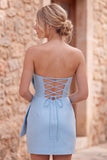 Koninklijk blauwe bodycon strapless korte homecomingjurk met oversized strik aan de voorkant