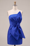 Koninklijk blauwe bodycon strapless korte homecomingjurk met oversized strik aan de voorkant