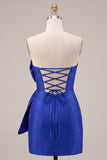 Koninklijk blauwe bodycon strapless korte homecomingjurk met oversized strik aan de voorkant