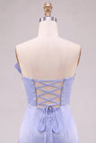 Lichtblauwe strapless satijnen korte homecomingjurk met strikdetail