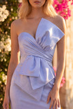 Lichtblauwe strapless satijnen korte homecomingjurk met strikdetail