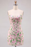 Bloemenroze strapless Jacquard Bodycon korset Mini Homecoming jurk