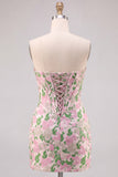 Bloemenroze strapless Jacquard Bodycon korset Mini Homecoming jurk