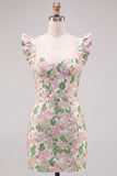 Bloemenroze Jacquard Flutter Mouwen Bodycon Mini Homecoming jurk