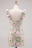 Bloemenroze Jacquard Flutter Mouwen Bodycon Mini Homecoming jurk