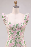 Bloemenroze Jacquard Flutter Mouwen Bodycon Mini Homecoming jurk