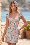 Bloemenroze Jacquard Flutter Mouwen Bodycon Mini Homecoming jurk