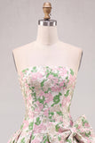 Roze A-lijn strapless bloemen Jacquard korte homecomingjurk met strik