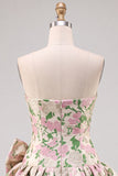 Roze A-lijn strapless bloemen Jacquard korte homecomingjurk met strik