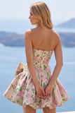 Roze A-lijn strapless bloemen Jacquard korte homecomingjurk met strik