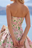 Roze A-lijn strapless bloemen Jacquard korte homecomingjurk met strik
