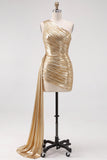 Gouden metallic eenschouder gerimpelde korte homecomingjurk met sleepband