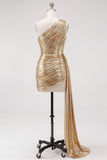Gouden metallic eenschouder gerimpelde korte homecomingjurk met sleepband