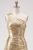 Gouden metallic eenschouder gerimpelde korte homecomingjurk met sleepband