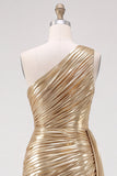 Gouden metallic eenschouder gerimpelde korte homecomingjurk met sleepband