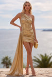 Gouden metallic eenschouder gerimpelde korte homecomingjurk met sleepband