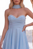 Geel A-lijn parelmoer trim strapless chiffon korte homecoming jurk met sjaal