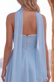 Geel A-lijn parelmoer trim strapless chiffon korte homecoming jurk met sjaal