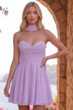 Geel A-lijn parelmoer trim strapless chiffon korte homecoming jurk met sjaal