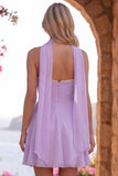 Geel A-lijn parelmoer trim strapless chiffon korte homecoming jurk met sjaal