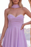Geel A-lijn parelmoer trim strapless chiffon korte homecoming jurk met sjaal