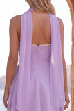 Geel A-lijn parelmoer trim strapless chiffon korte homecoming jurk met sjaal