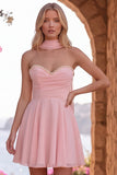 Geel A-lijn parelmoer trim strapless chiffon korte homecoming jurk met sjaal