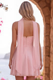 Geel A-lijn parelmoer trim strapless chiffon korte homecoming jurk met sjaal