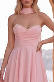 Geel A-lijn parelmoer trim strapless chiffon korte homecoming jurk met sjaal